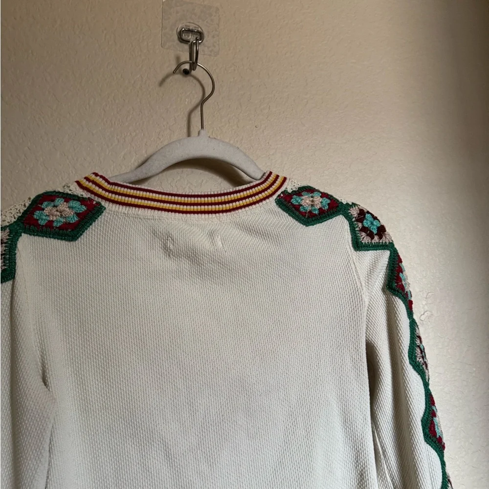 Free People Rib Sweatshirt Granny Square Sleeve Embroidery Sz Small Colorful‎